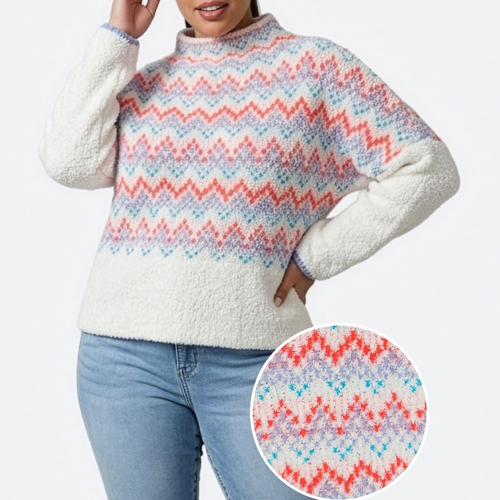 Anthropologie Neon Aqua Coral Boucle Sweater M L Fair Isle Mock Neck Pilcro